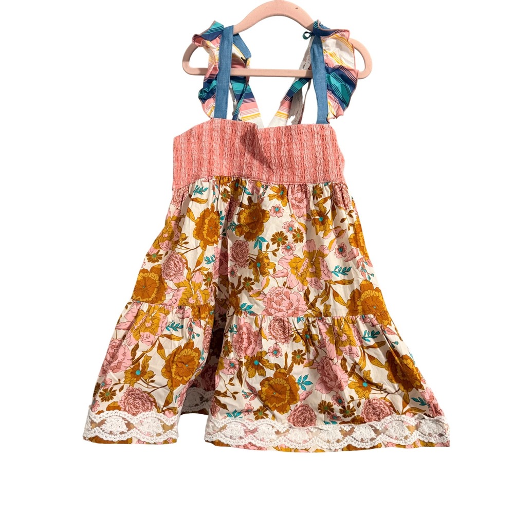 Matilda Jane Dress Girls 12 Multicolor Floral Smocked Ruffle Lace Boho